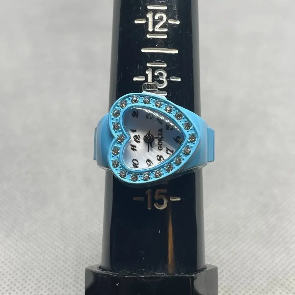 Retro Blue Enameled Stainless Steel Stretch Band Ring Watch With Rhinestones